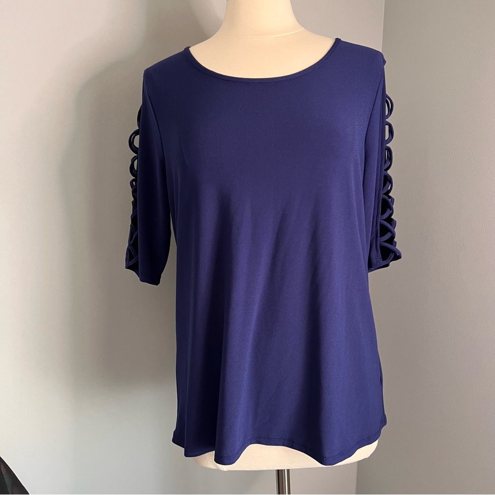 Women’s Navy Blue Short Sleeve Blouse with Lattice Sleeve Detail